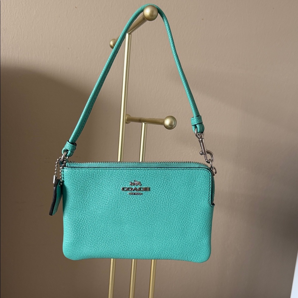 Coach Pebbled Leather Mini Wristlet in Teal